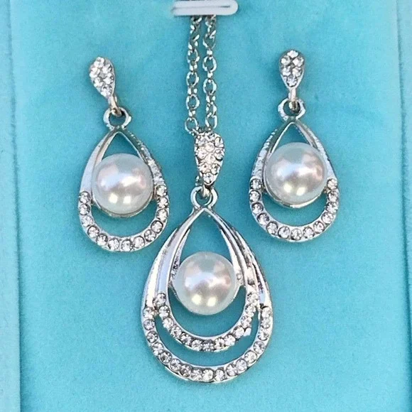 Pearl Necklace Teardrop Zirconia Rhinestone Drop Earrings Necklace Jewelry Sets - Picture 7 of 14